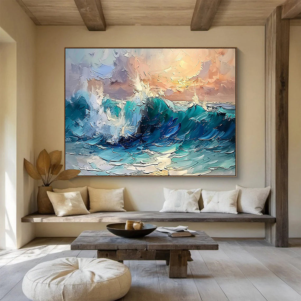 Dynamic Sea Wave Abstract Painting with Turquoise and White Crescendos THY296