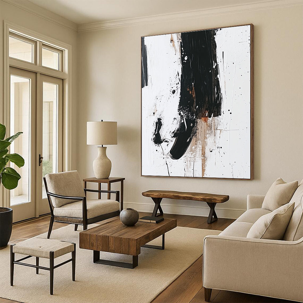 Black Beige and White Abstract Painting with Expressive Splatters GER638