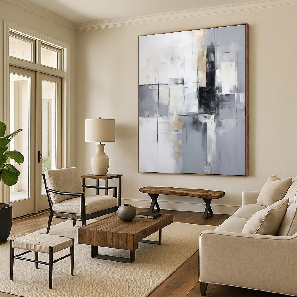 Gray and Gold Geometric Abstract Painting with Black Accents ADGE138