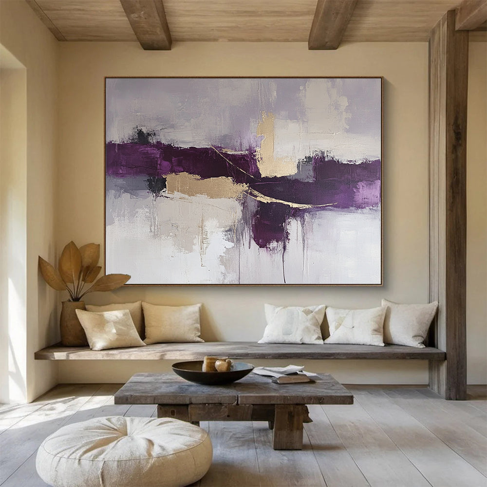 Large abstract painting in purple and gray tones with beige accents featuring thick loose brush strokes for a dynamic artistic expression.SC088