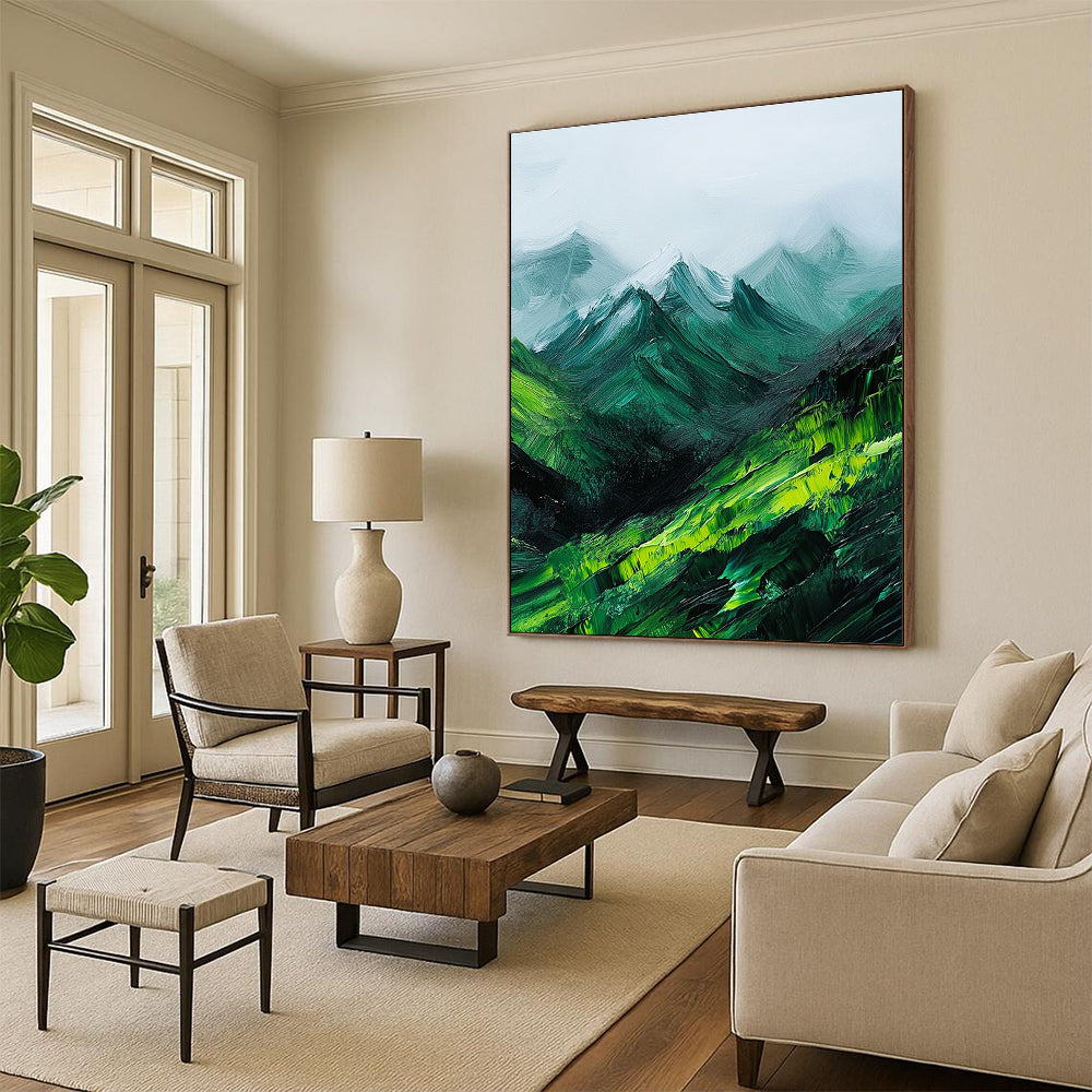 Large abstract oil painting featuring green mountains enveloped in fog with expressive impasto brush strokes.STSC592