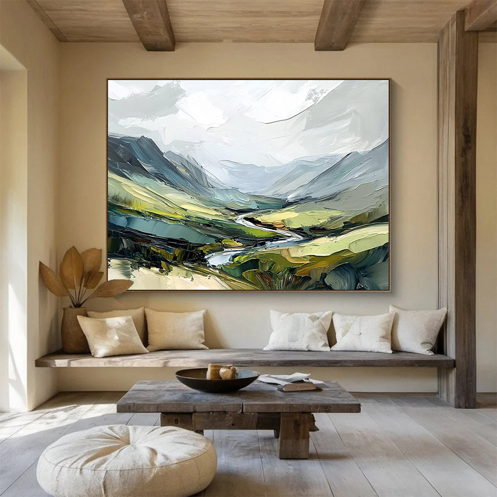 Impasto Mountain Valley Abstract Painting with Rich Greens DYP597