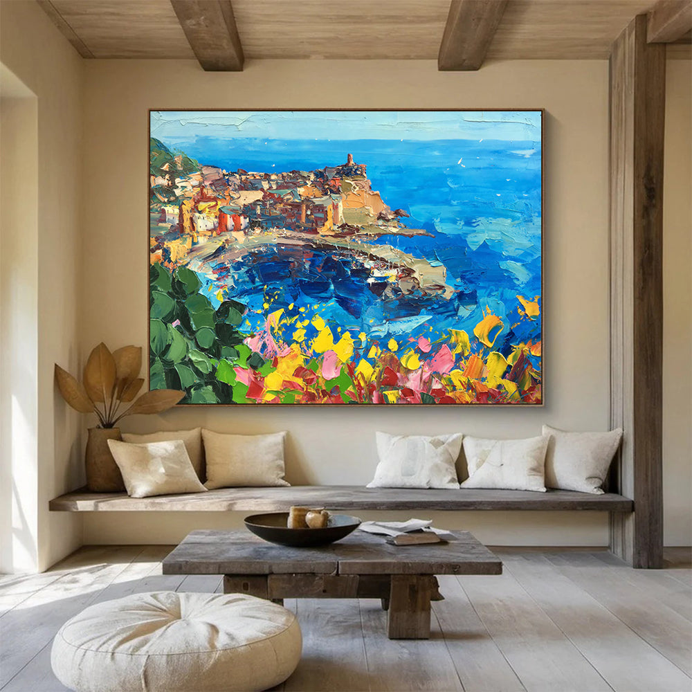 Blue Yellow Coastal Cliff Town Abstract Painting THY477
