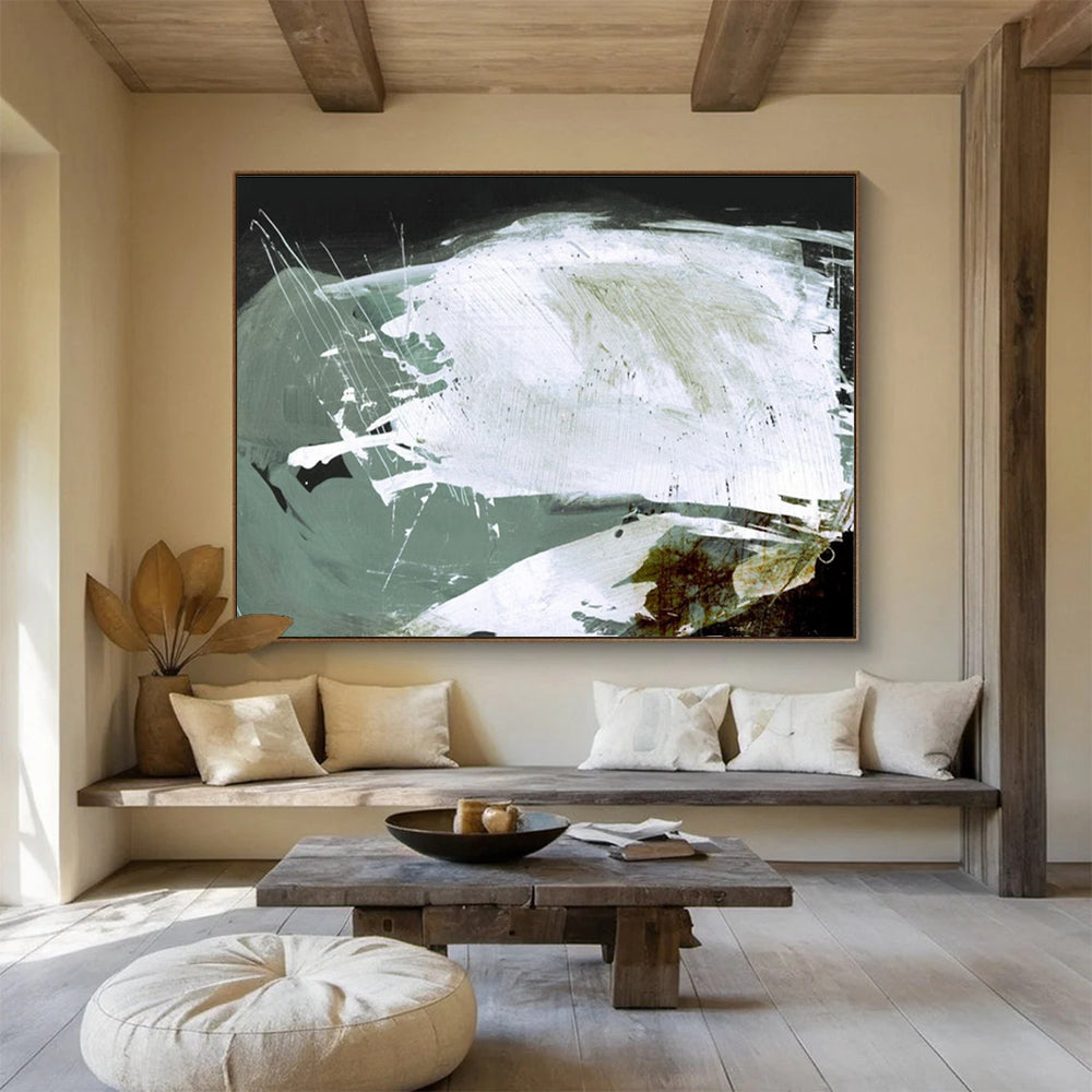 Textured White and Green Abstract Painting with Dynamic Layers THY133