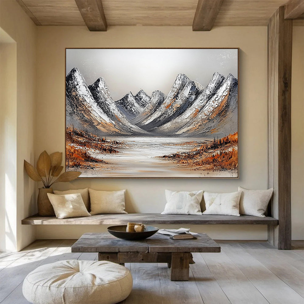 Snowy Mountain Range Textured Abstract Painting with White and Brown Tones DYP608