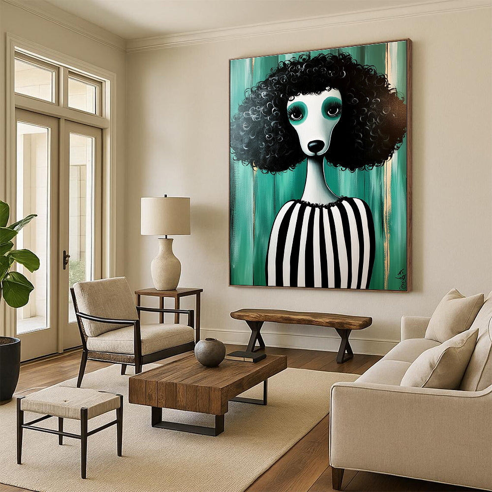 A large abstract painting featuring a full-bodied poodle with black fur and white stripes in an all-green striped dress amidst a whimsical backdrop.STSC1000