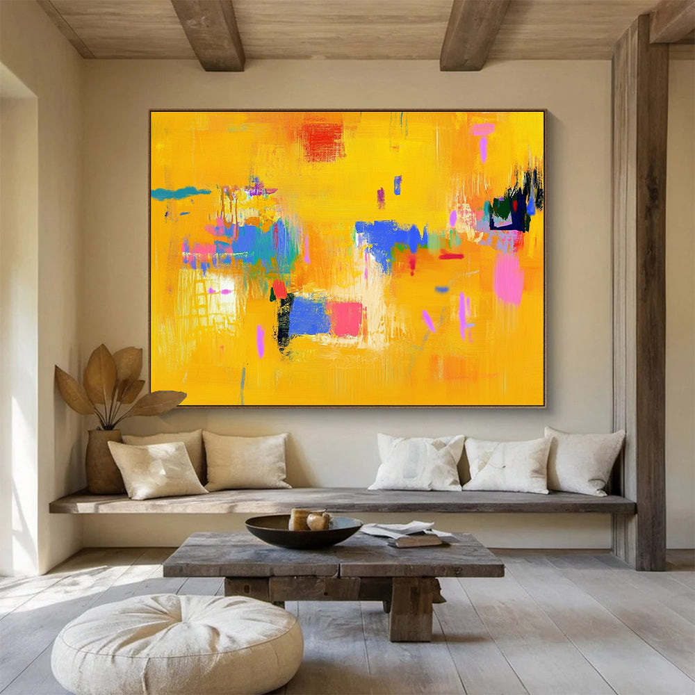 Bright Yellow Abstract Painting with Colorful Accents DYP306