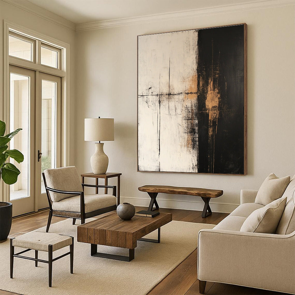 Large abstract oil painting in dark white and light beige with golden details on a dark gray background featuring minimalist and atmospheric style.STSC600