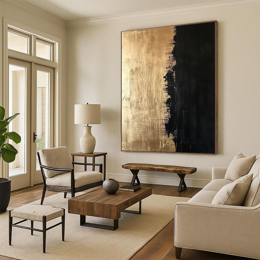 Gold and Black Abstract Painting with Textured Contrast GER130