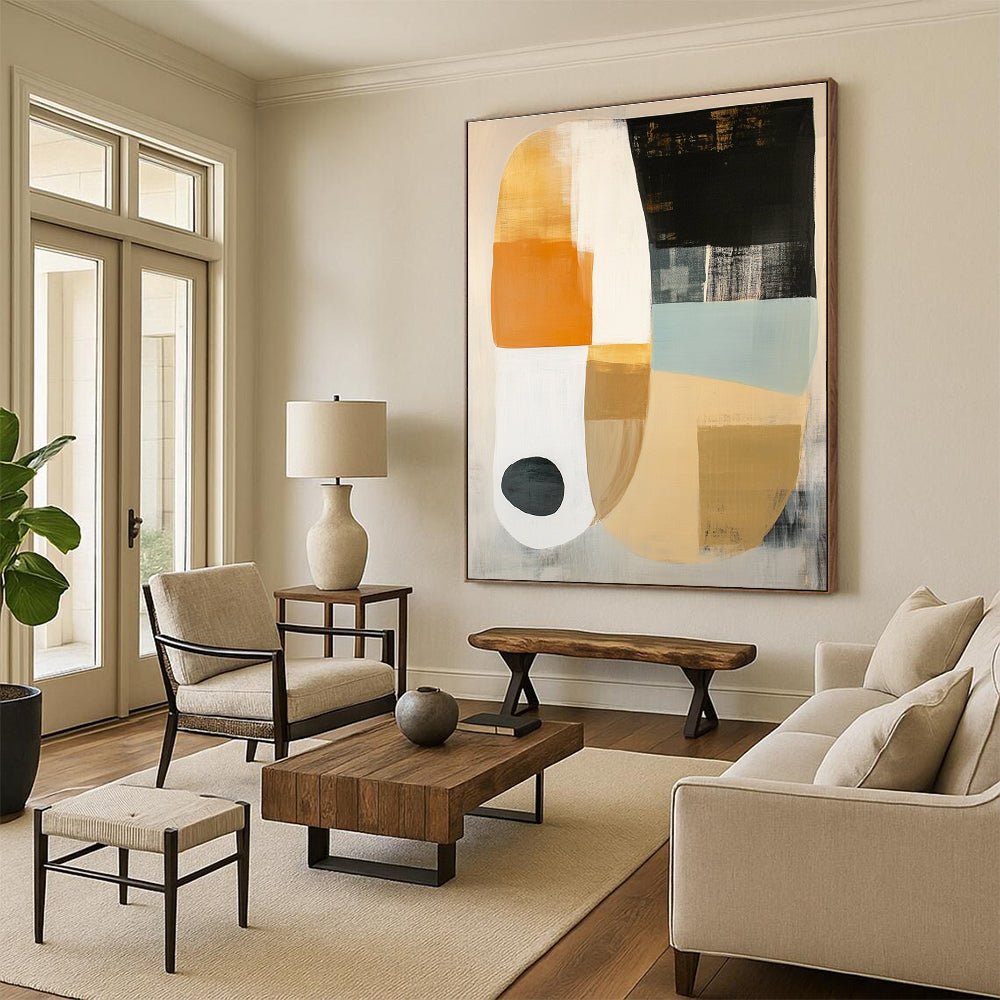 Large abstract painting featuring white beige and black shapes on soft gray with orange circle and light blue oval accents.STSC762