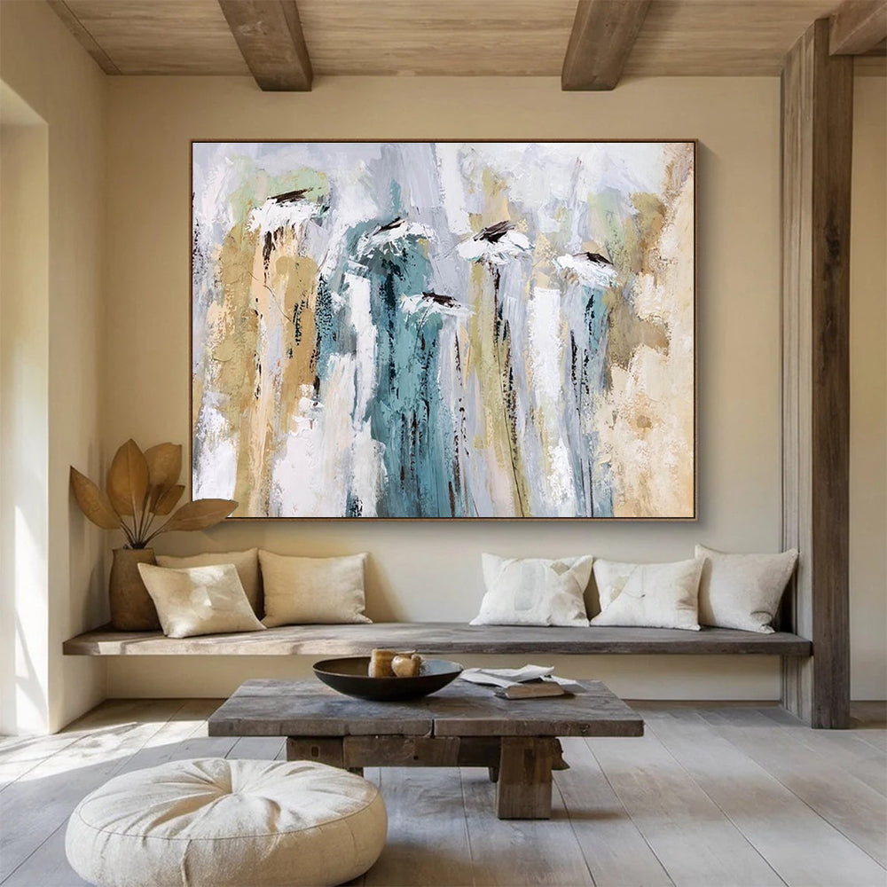 Floral Abstract Painting with Soft Green and Beige Tones THY155