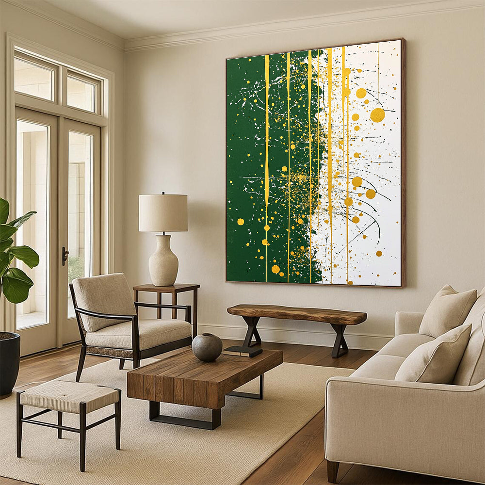 Large abstract painting featuring green and white with golden details and line art offering a balanced and symmetrical composition.STSC1172