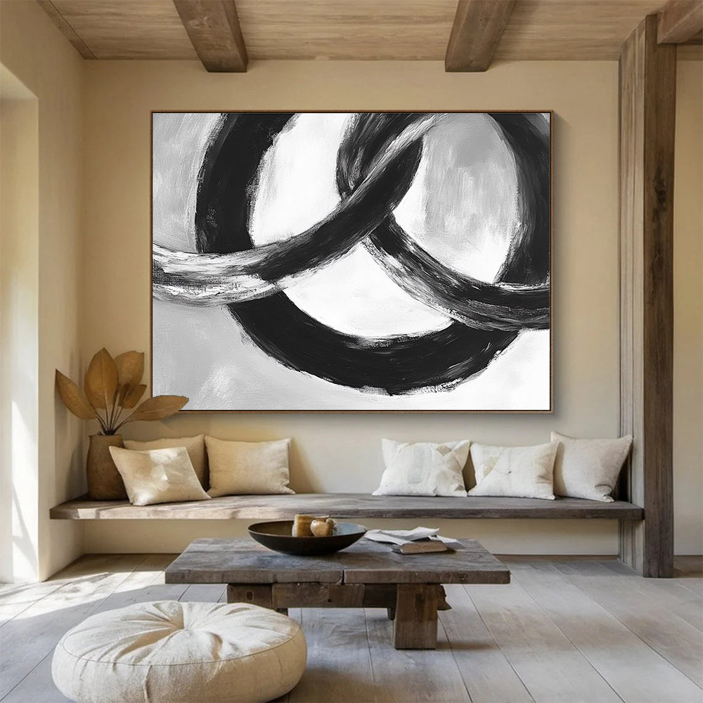 Black and White Linked Rings Abstract Painting with Bold Brushstrokes DYP175