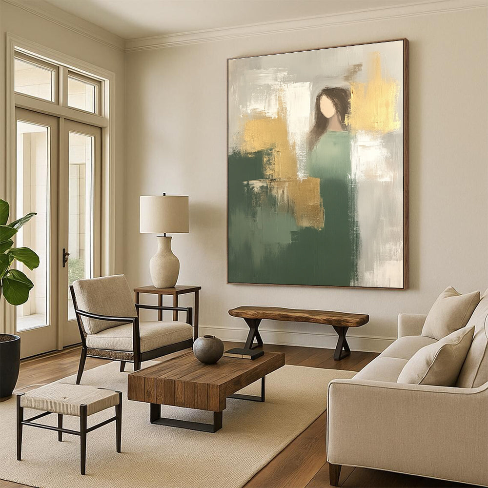 Large abstract painting featuring minimalistic shapes in neutral green and beige with gold accents creating a soft atmospheric beauty.STSC242
