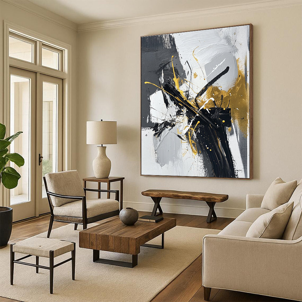 Black Gray White and Gold Abstract Painting with Dynamic Brushstrokes GER020