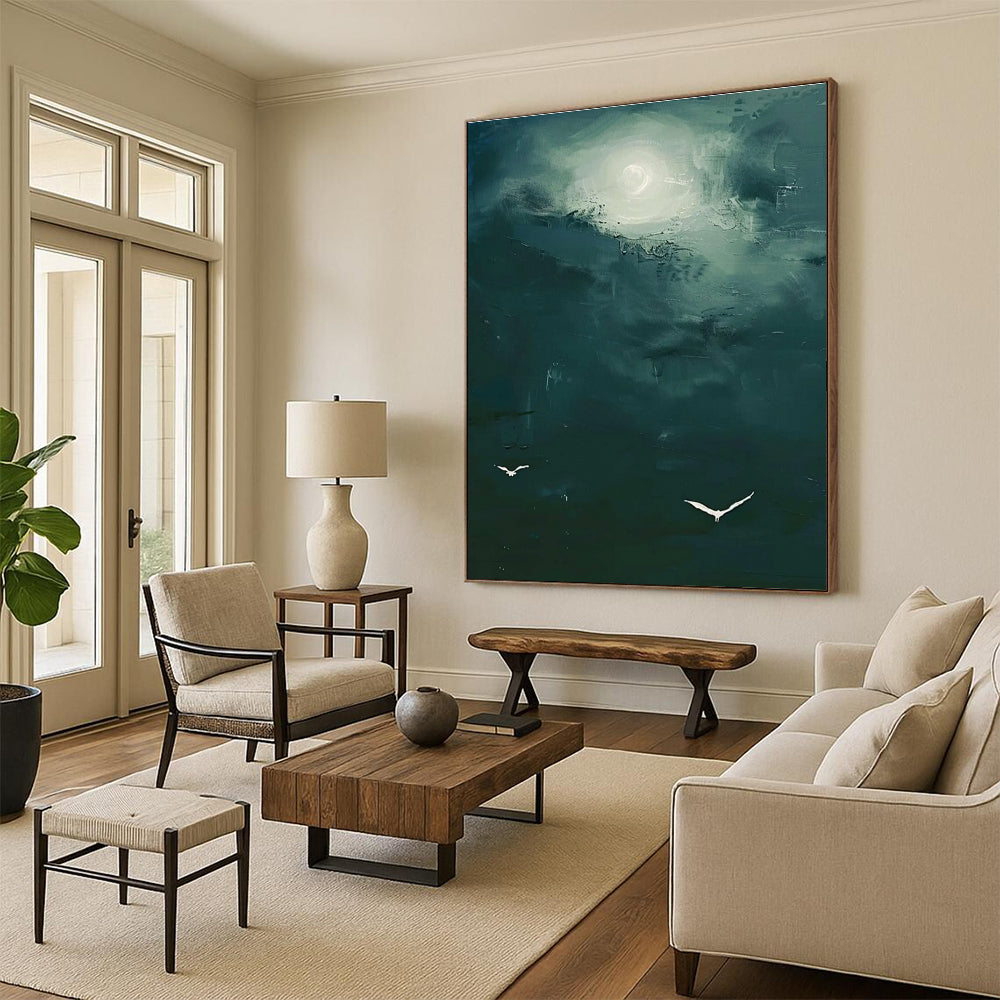 Green Sky with Birds Abstract Painting with Mysterious Light ADGE508