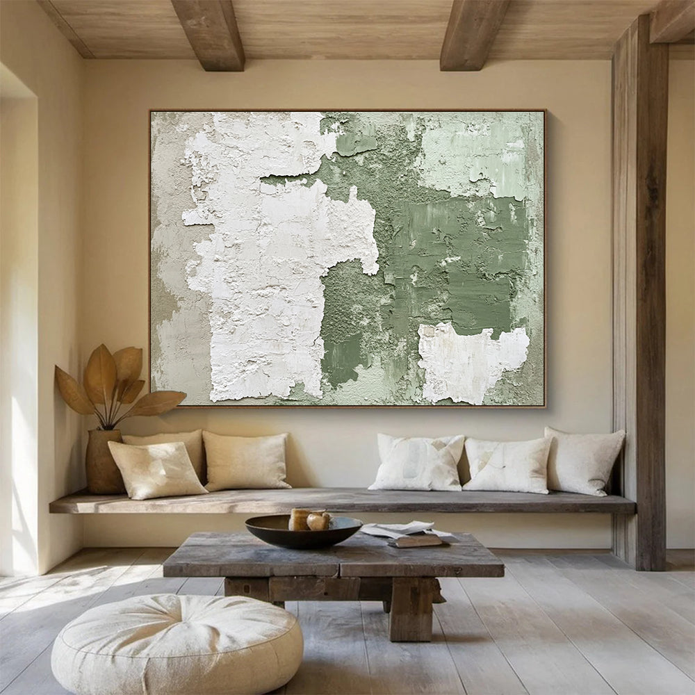 Abstract painting with a vintage feel featuring peeling green and white wall textures and distressed elements in dark brown tones.SC470