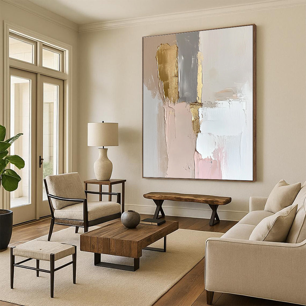 Large abstract oil painting featuring an elegant wall in white and gold with thick strokes and pastel tones enhanced by gold leaf accents.STSC147