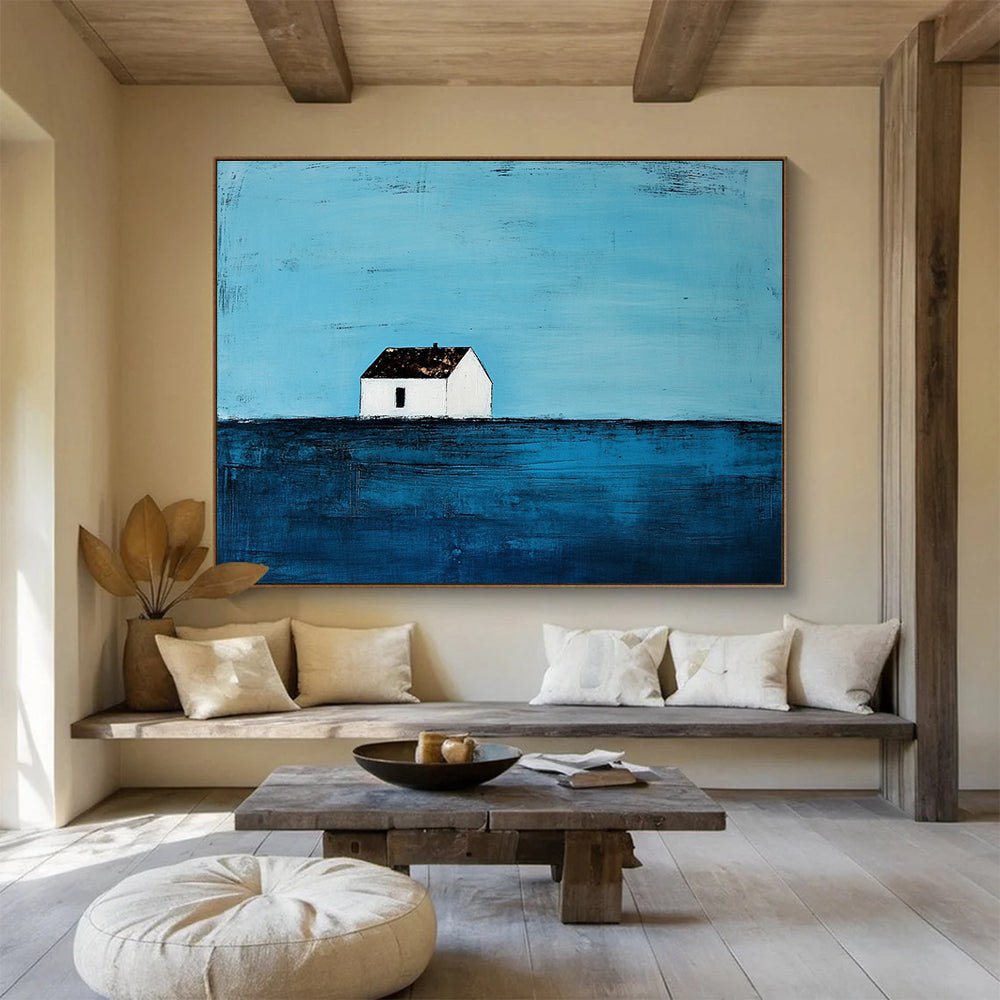 Blue and White Abstract Painting of a Solitary House DYP144