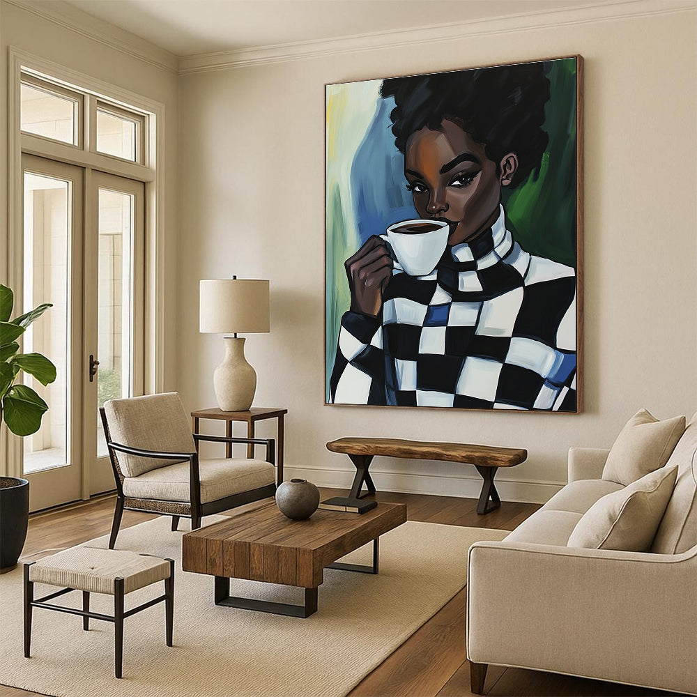 An abstract oil painting featuring a Black woman in a checkered turtleneck enjoying coffee, radiating warmth and style.STSC919
