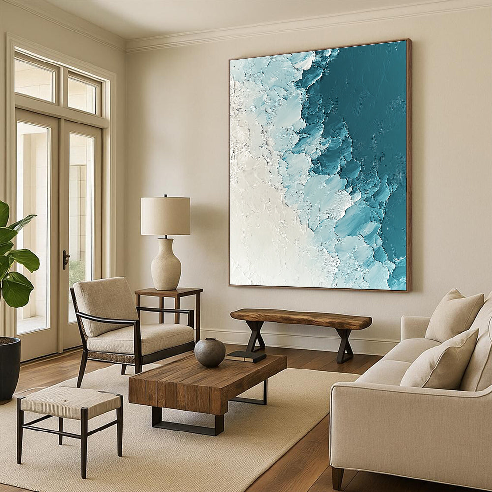 Large abstract painting depicting ice and snow in light blue and white tones with heavy impasto texture and ultra-high resolution.STSC311