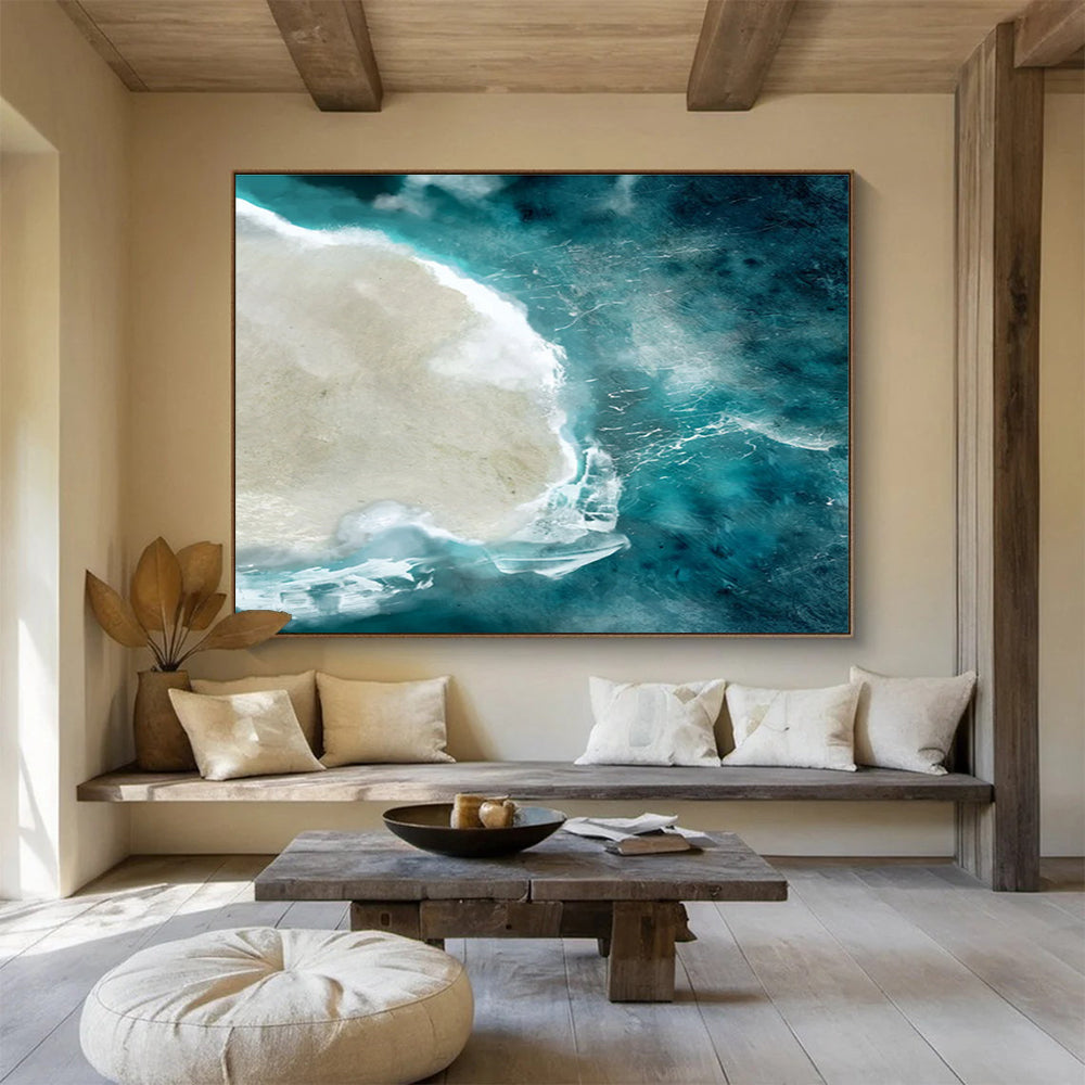 Aerial Sea - view Abstract Painting with Turquoise and Beige THY125