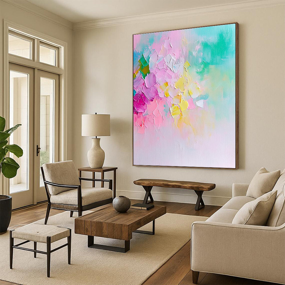 Large abstract painting in pastel colors featuring a floral composition with soft brush strokes and a dreamy springtime atmosphere.STSC442