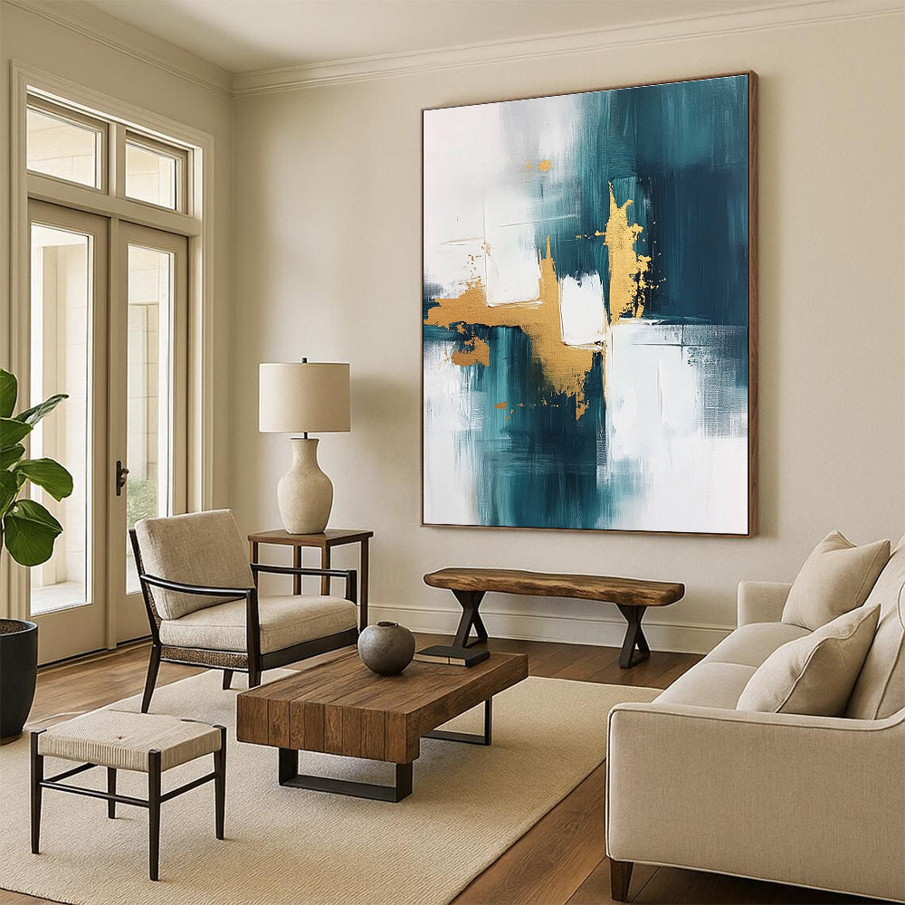 Teal Gold and White Abstract Painting with Modern Flair GER676