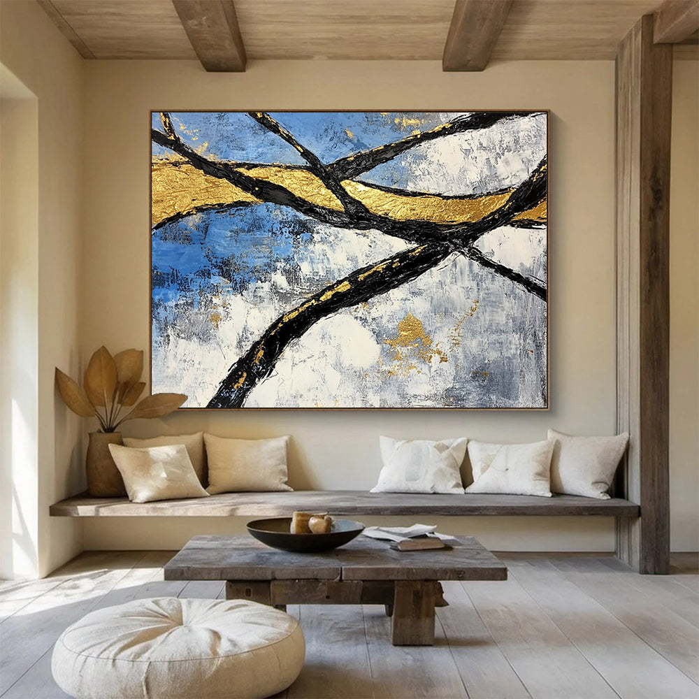 Golden Branches Abstract Painting with Blue and Gold Tones DYP525