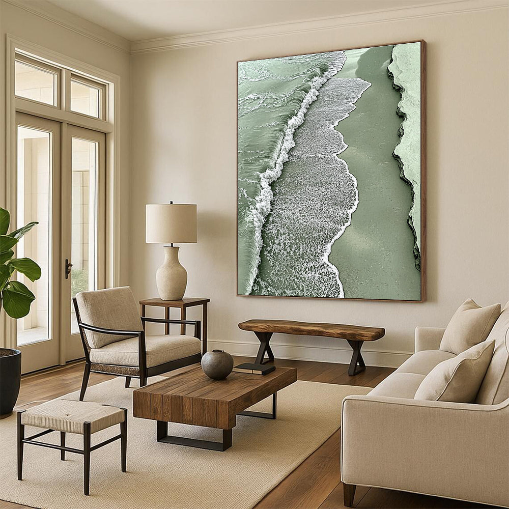 A large abstract painting featuring a light green sea with white foam and sandy waves evokes tranquility and nature's beauty.STSC533