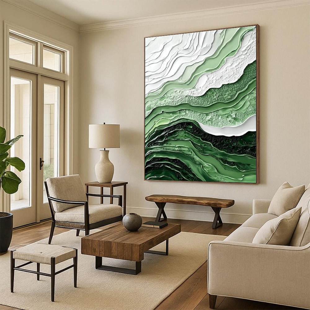 Large abstract painting in shades of green and white features fluid lines and waves with intricate details and a hyper-realistic texture.STSC445