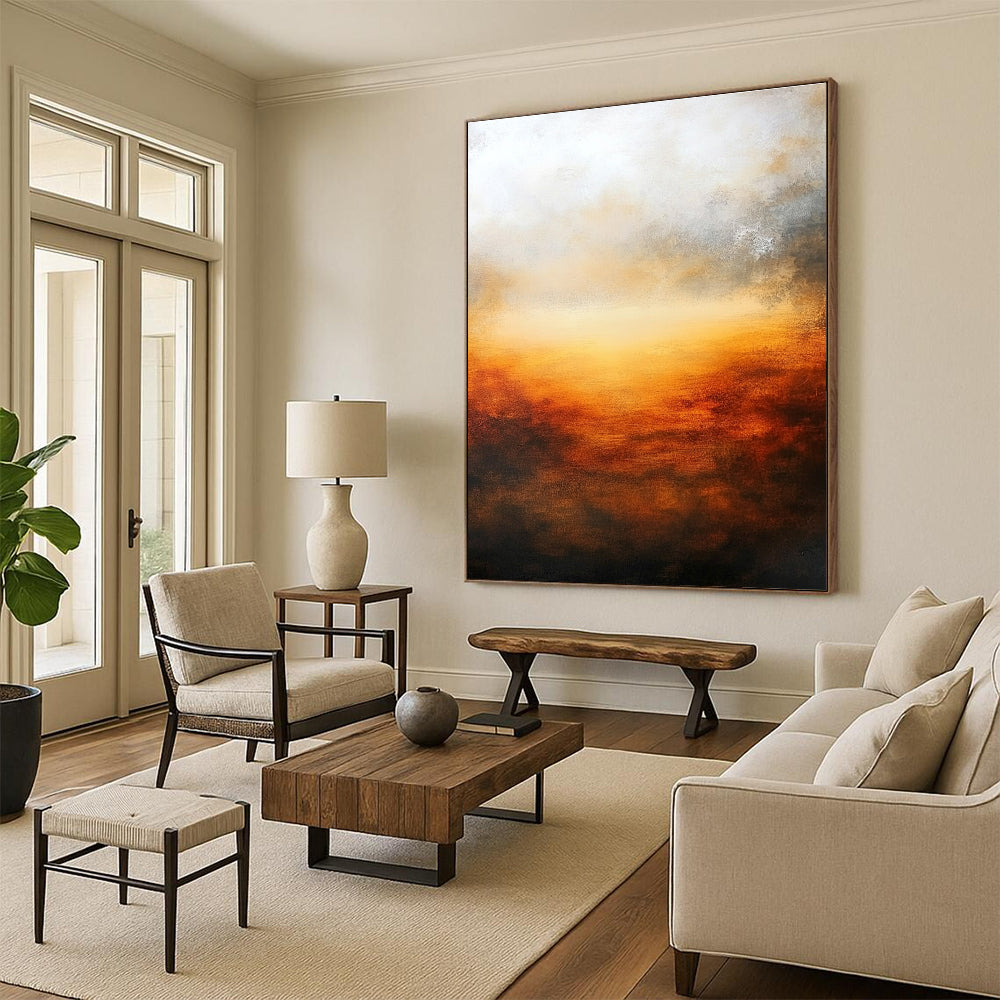 Large abstract oil painting featuring atmospheric sunset in muted earth tones and deep orange with a serene minimalist composition.STSC585
