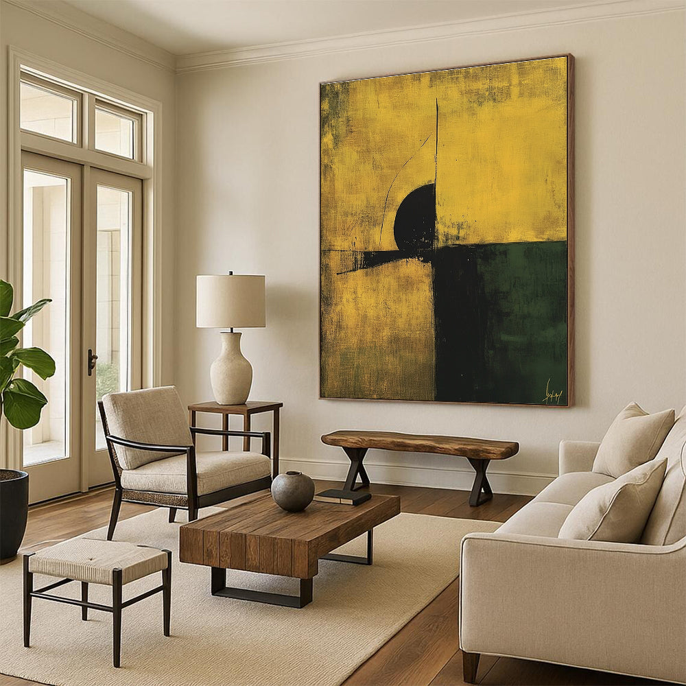 Large abstract painting in minimalist style featuring earthy yellow and green tones with black accents and simple line composition.STSC246