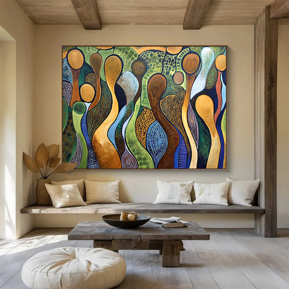 A large abstract painting featuring interlaced human figures in brown outlines against a vibrant background of greens, blues, and earthy whites with ocher yellow gems.SC582
