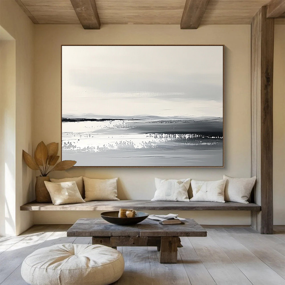 Monochrome Landscape Abstract Painting with Gray and White Tones DYP330