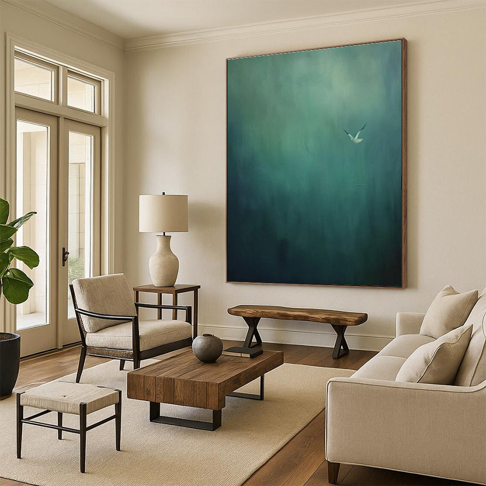 Solitary Bird Abstract Painting with Muted Greens ADGE477