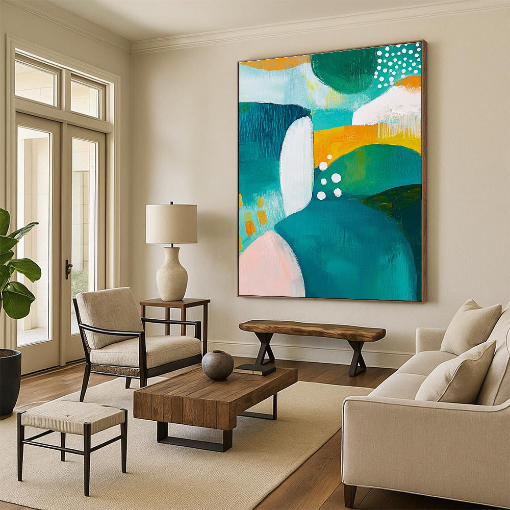 Colorful Abstract Painting with Teal, Green, and Yellow Shapes GER266