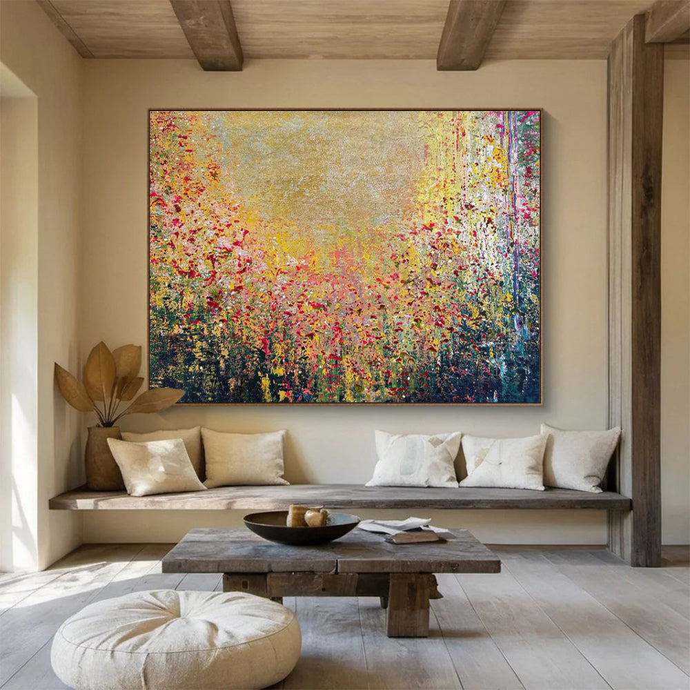 Golden Field Abstract Painting with Vibrant Floral Hues THY325
