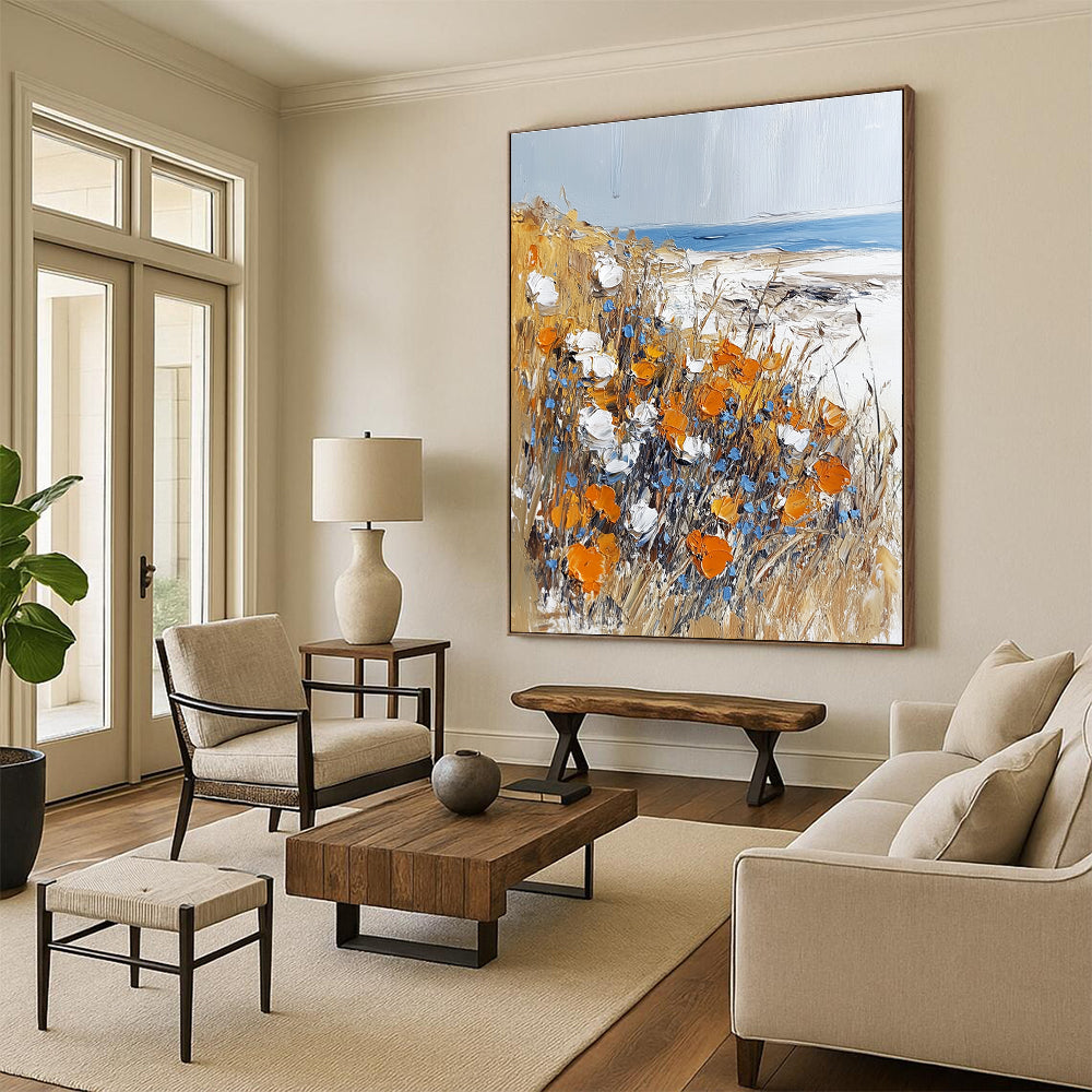 Abstract painting featuring impasto technique with meadow flowers on the beach in white orange and light blue hues.STSC1369