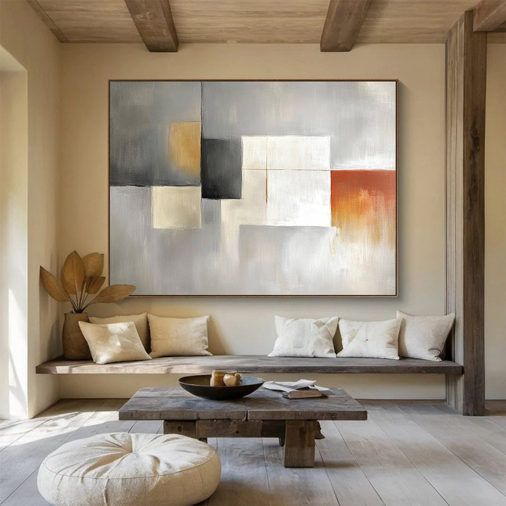 Large abstract painting in light gray, white, and amber featuring simple shapes in a minimalistic modern art style.SC378