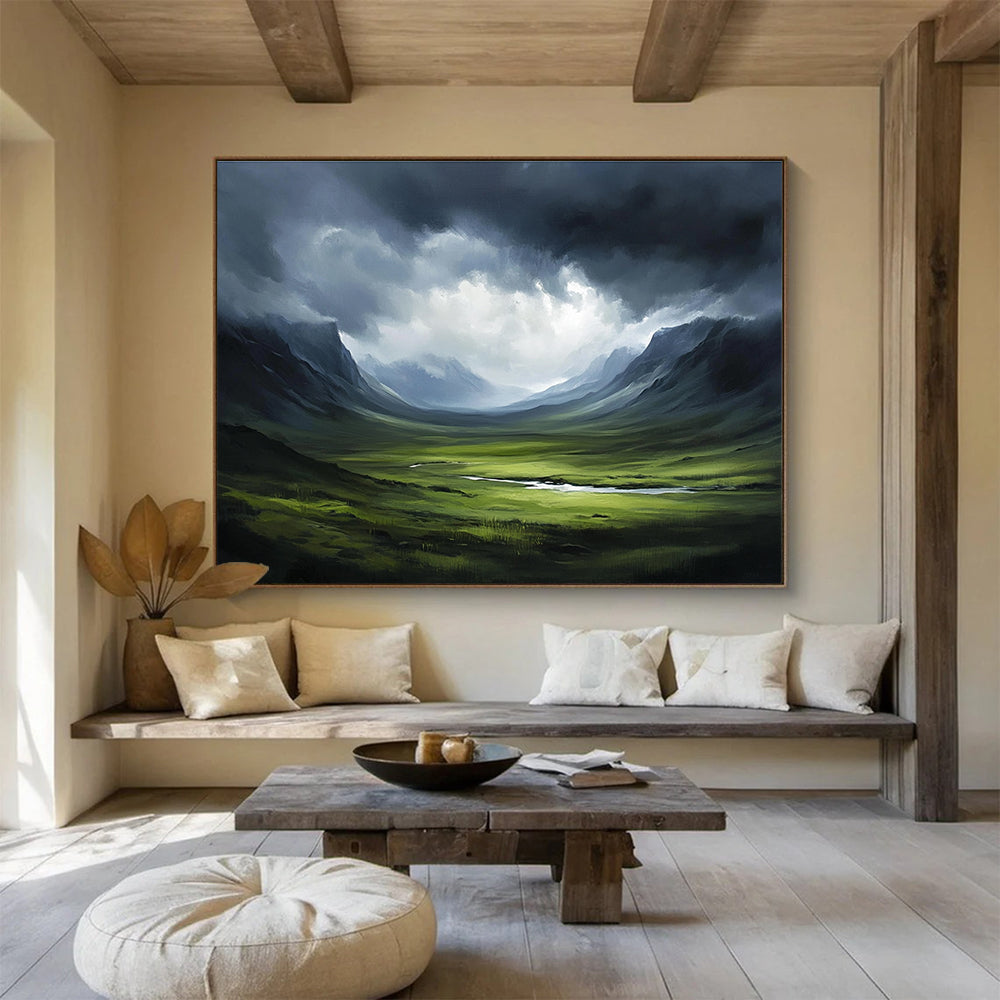 Mountain Valley Storm Dramatic Abstract Painting with Dark and Green Tones DYP604