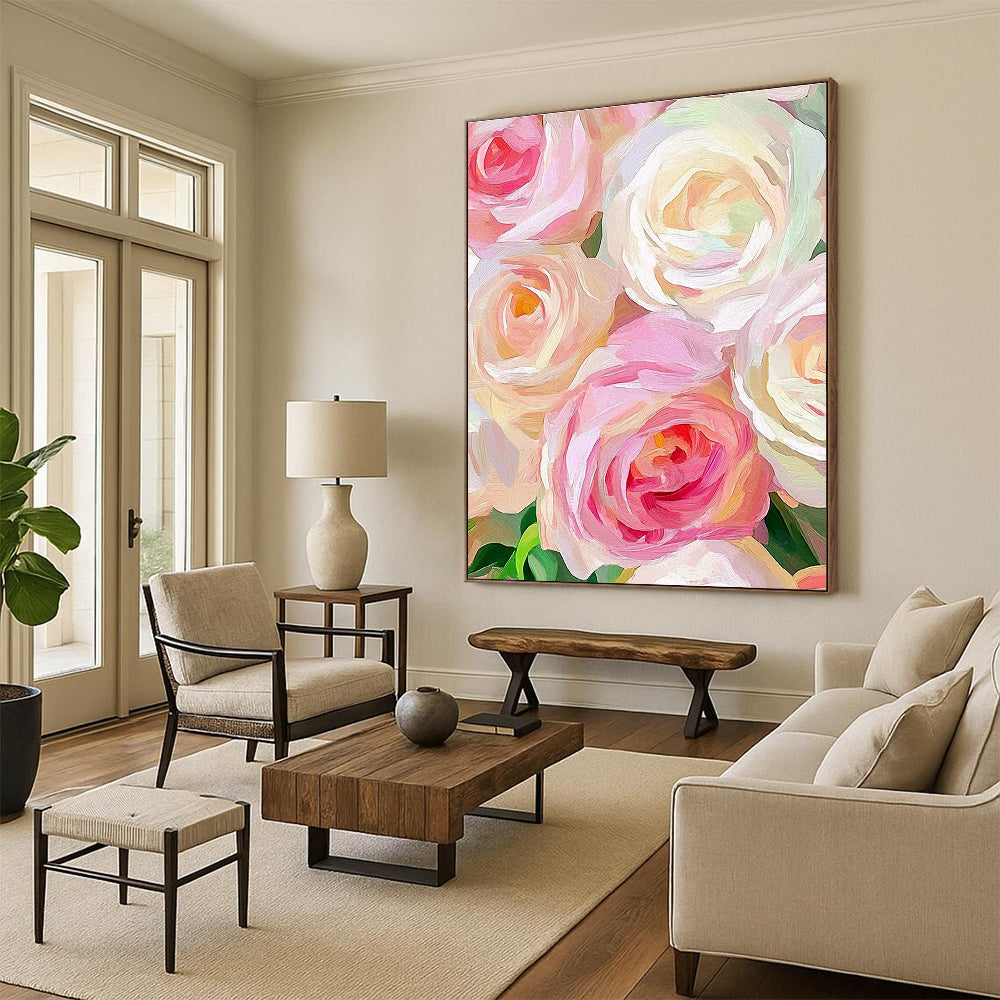 A large abstract painting featuring soft pink and cream roses with loose brushstrokes and a blurred background highlights the flowers' vibrant texture.STSC944