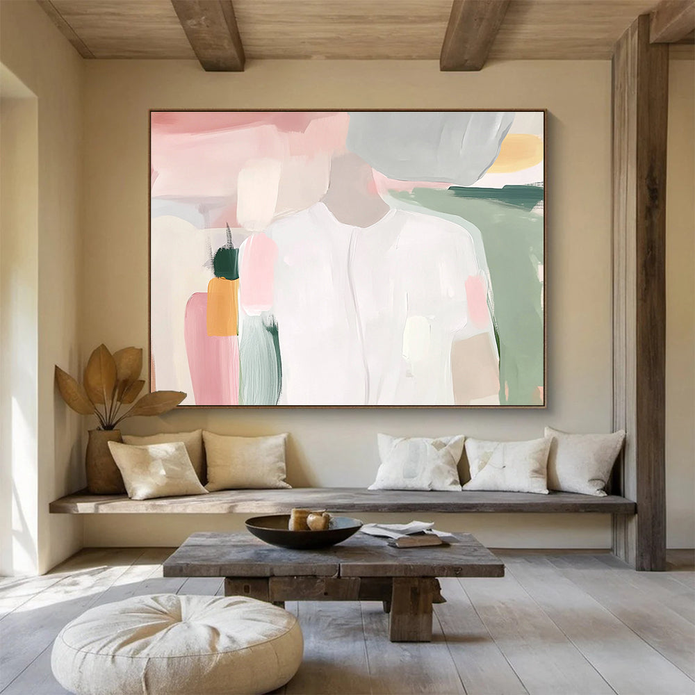 Large abstract painting of a white shirt with soft pink and green pastel brush strokes inspired by Maira Kalman.SC179