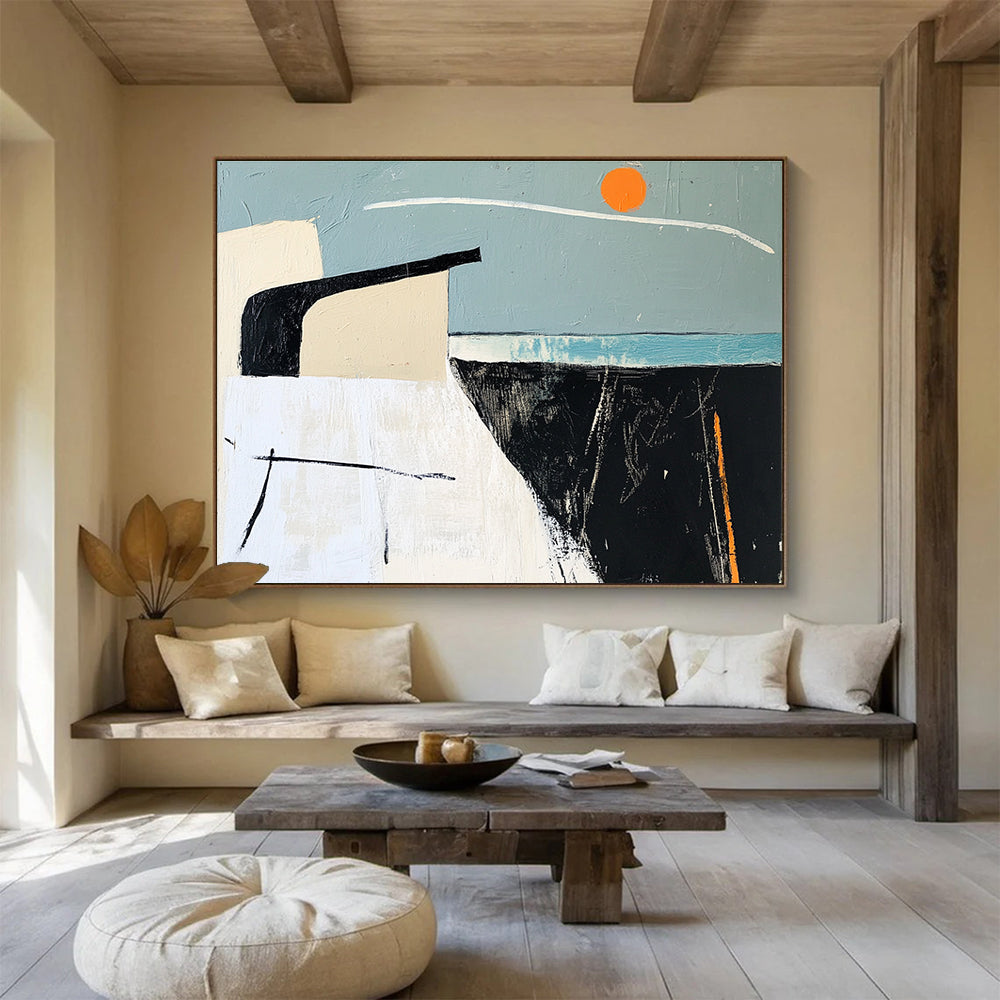 A large abstract painting featuring sea-themed black and white lines, blue and gray blocks, orange accents, and a simple house silhouette against a clear sky.SC388
