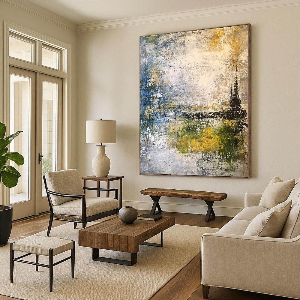 Large abstract painting featuring a misty sky and landscape in muted gray blue green and yellow-brown tones using mixed media techniques.STSC210