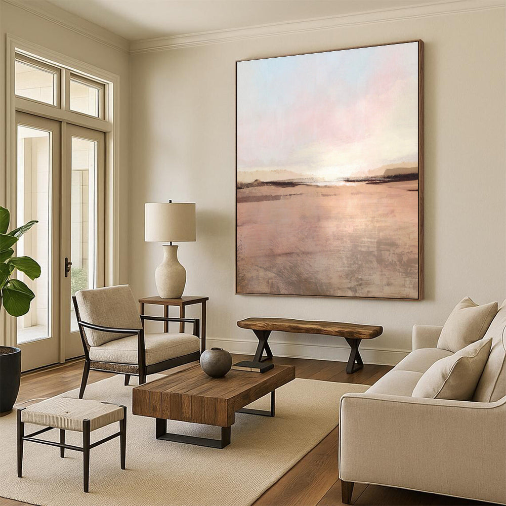 Sunset Landscape Abstract with Pink and Beige Tones Painting ADGE156