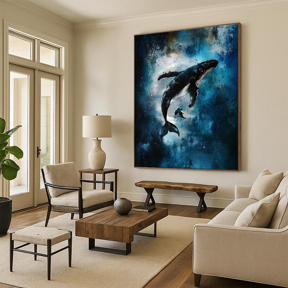 Abstract art featuring humpback whales, swirling vortices, glowing stars, and misty underwater scenes in a dark blue and white color palette.STSC1466