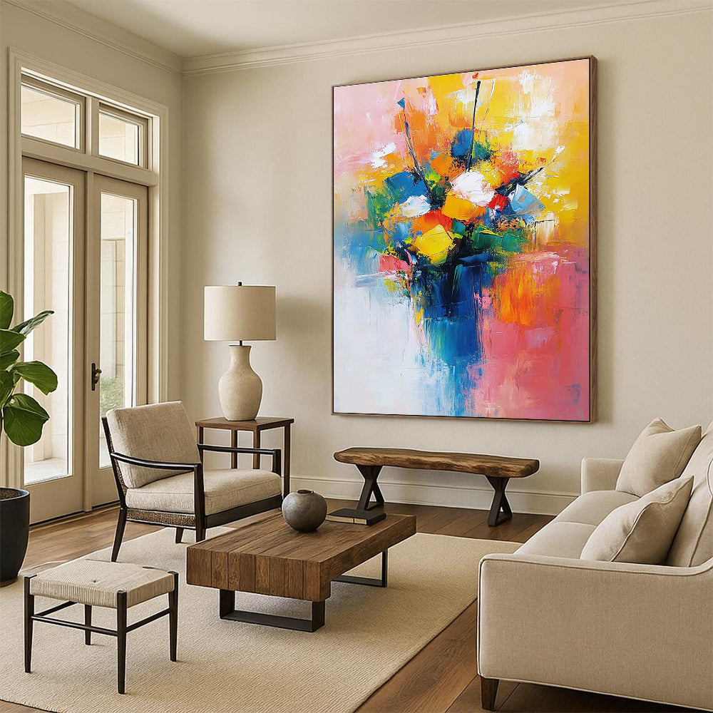 Large abstract painting featuring a vibrant bouquet in yellow blue and red with a light pink orange background conveying joy and calmness.STSC251