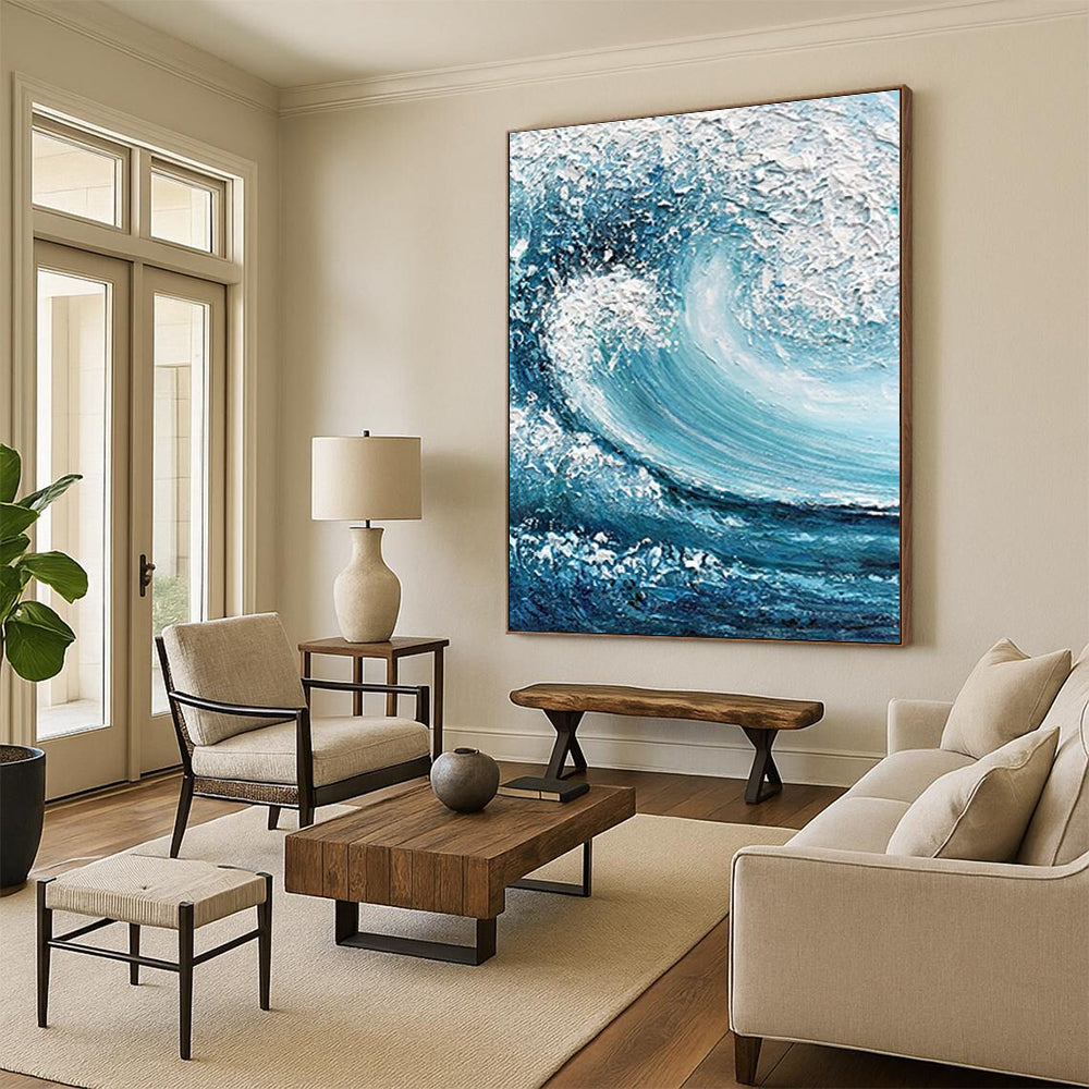 Blue and White Turbulent Wave Abstract Painting ADGE322