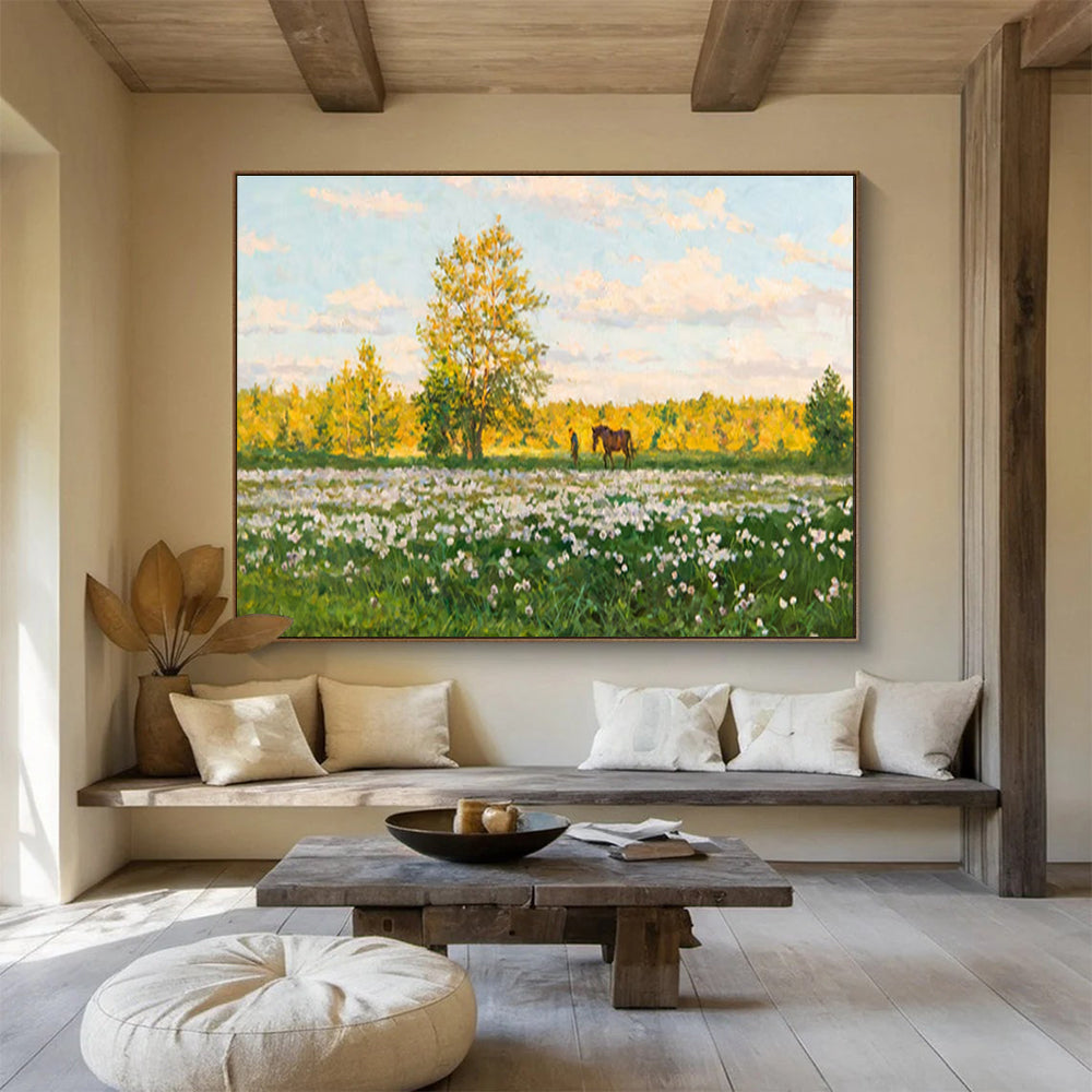 Summer Meadow Abstract Painting with Green, Yellow, and White Tones THY216